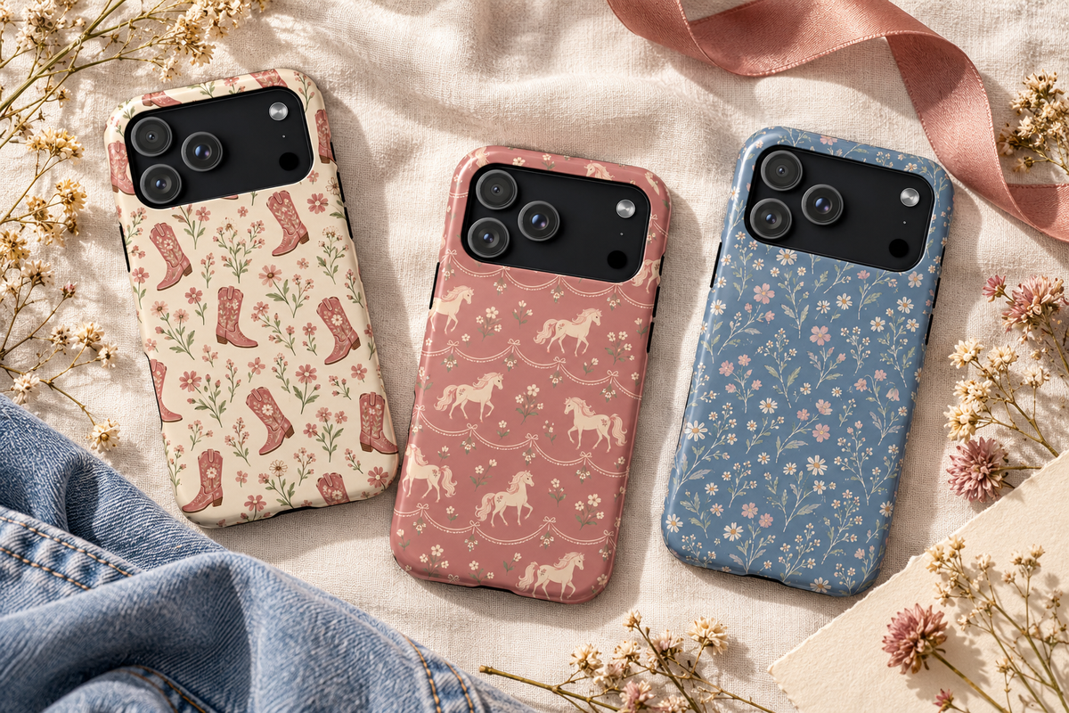 Floral Boots, Rose Ponies and Denim Wildflowers phone cases on ivory linen with a rose ribbon, blue denim and dried flowers