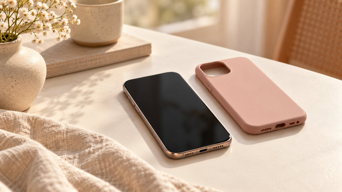 An unbranded smartphone beside a plain blush phone case on a sunlit ivory tabletop.