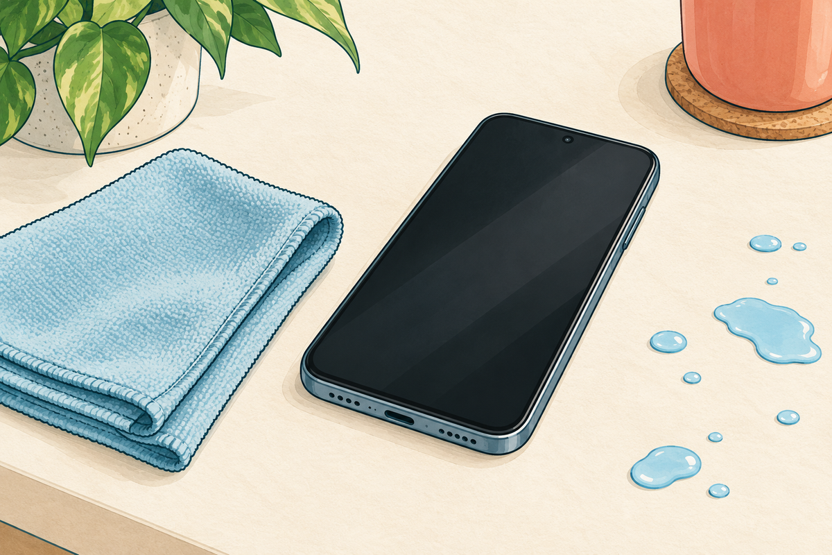 Illustration of an unplugged phone with a dark screen beside a soft cloth and a nearby spill