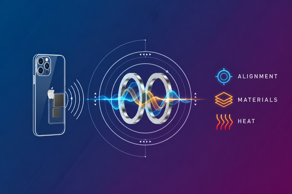 Conceptual wireless charging illustration showing alignment, materials, and heat