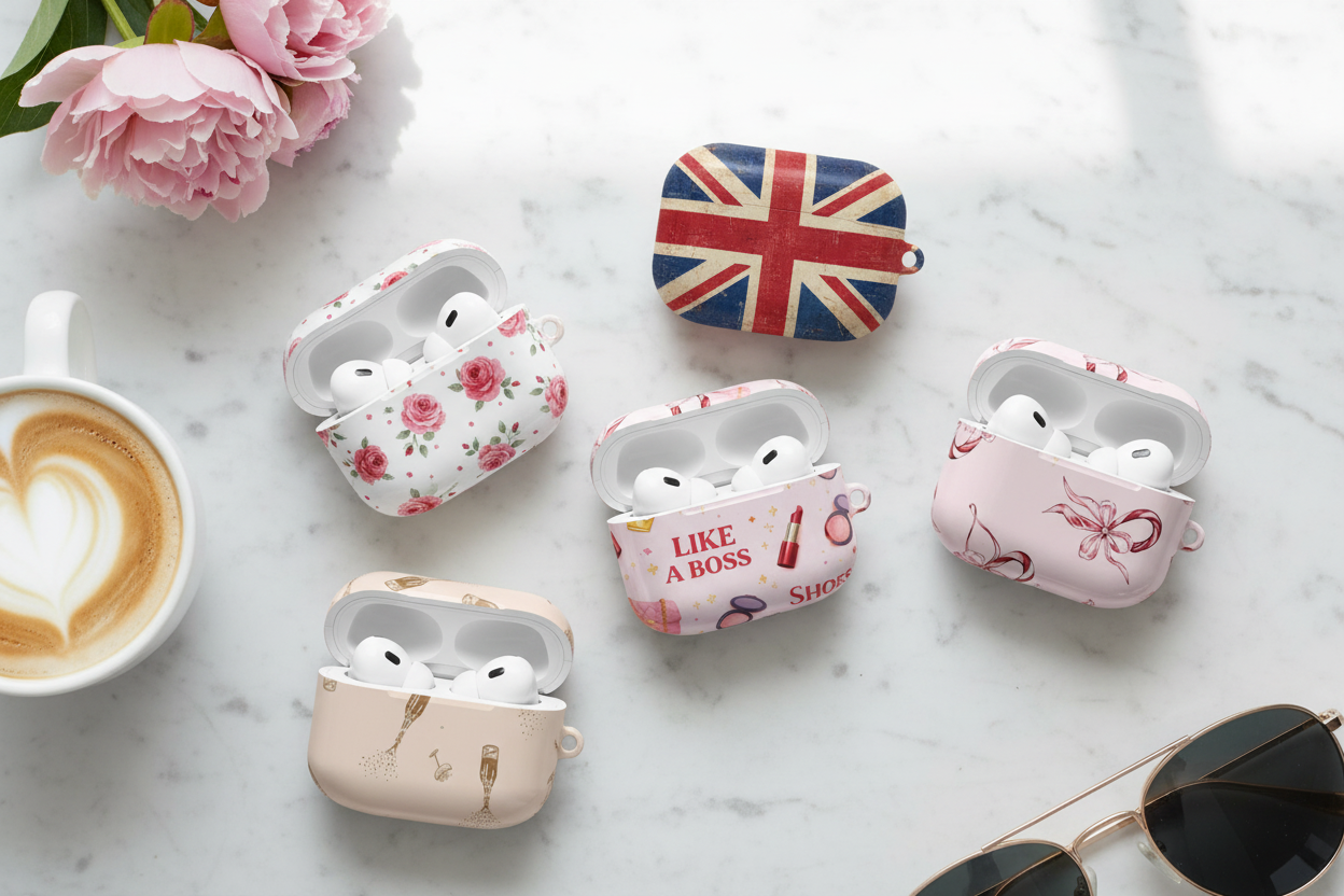 Wireless earbuds in white with navy blue and beige striped protective charging case, showing size variant