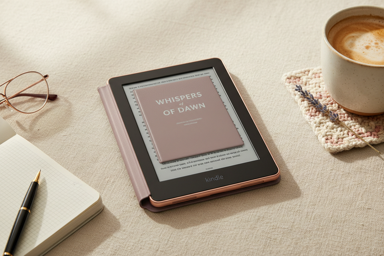 E-reader in a brown cover beside a notebook, glasses, and coffee