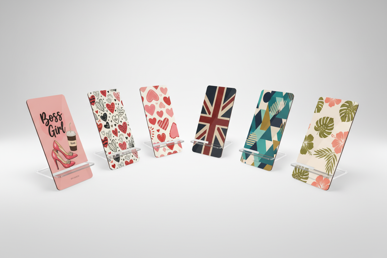 Small decorative phone stand with green holiday pattern featuring gingerbread houses, gingerbread men, candy canes, and bows