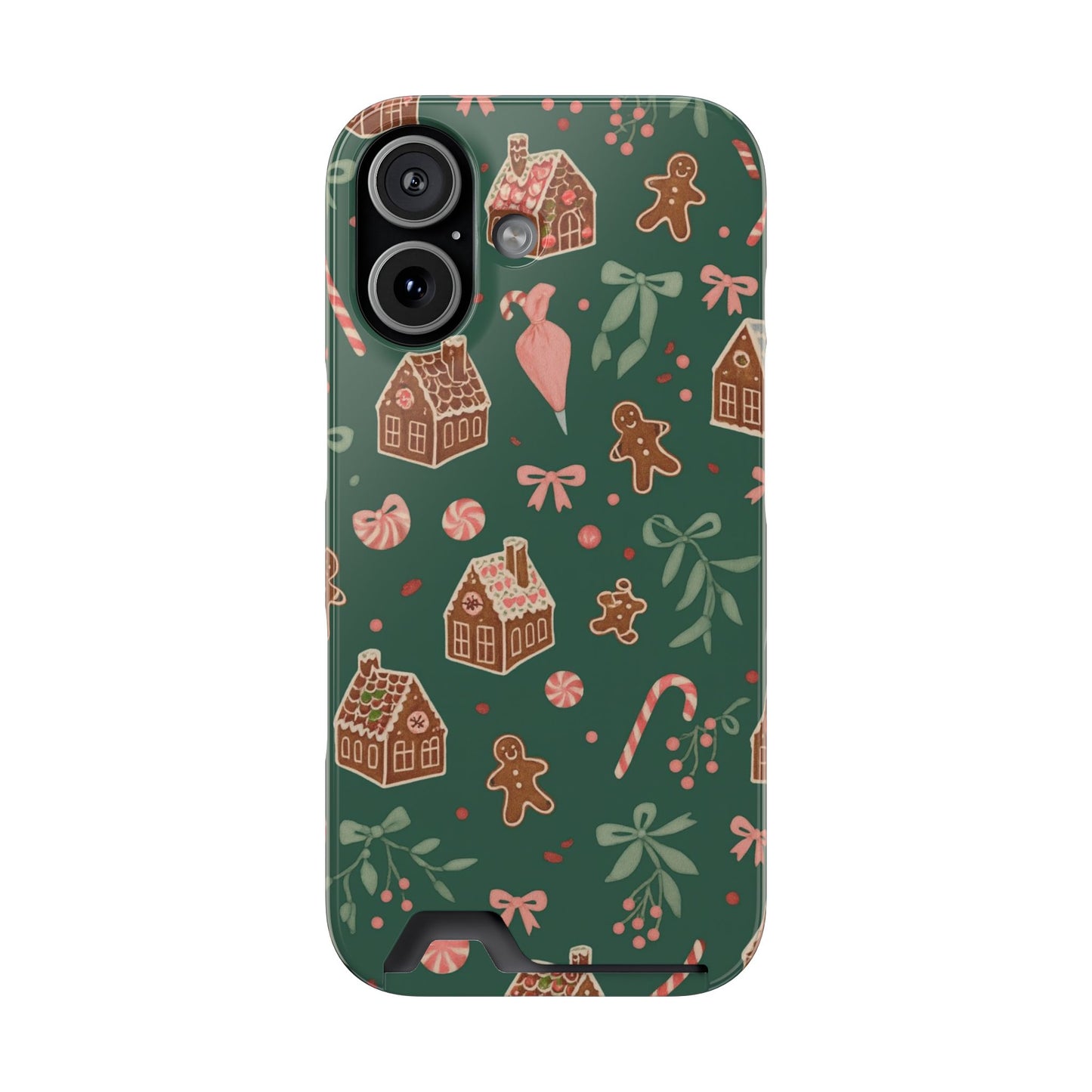 Holiday Gingerbread Phone Case with Card Holder — Festive Green Candy Cane Design