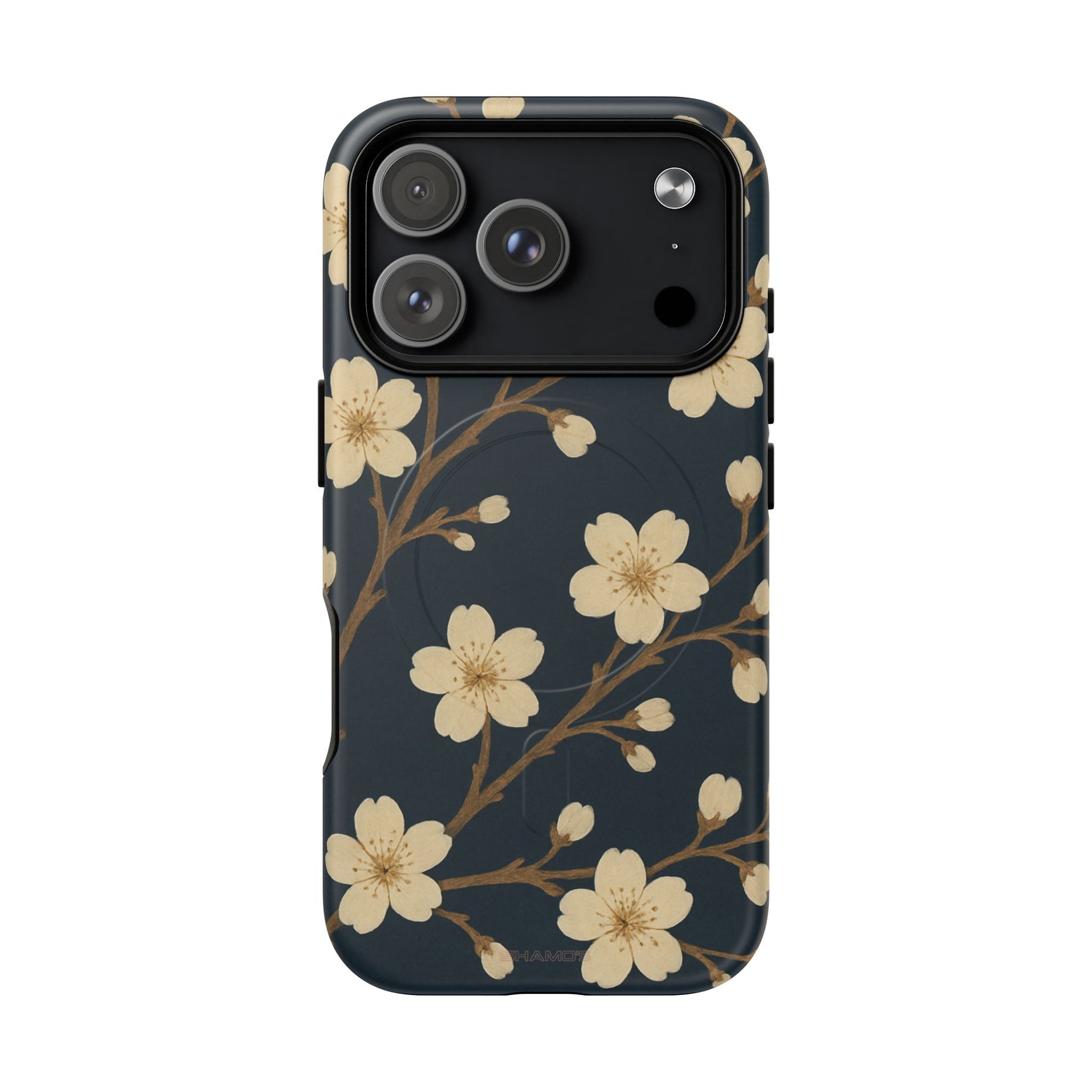 Navy Cherry Blossom Floral iPhone Case - Compatible with MagSafe