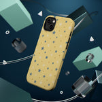 Prairie Stars – Yellow and Blue Star MagSafe Phone Case, glossy diagonal dual-camera model, rear view with magnetic accessories