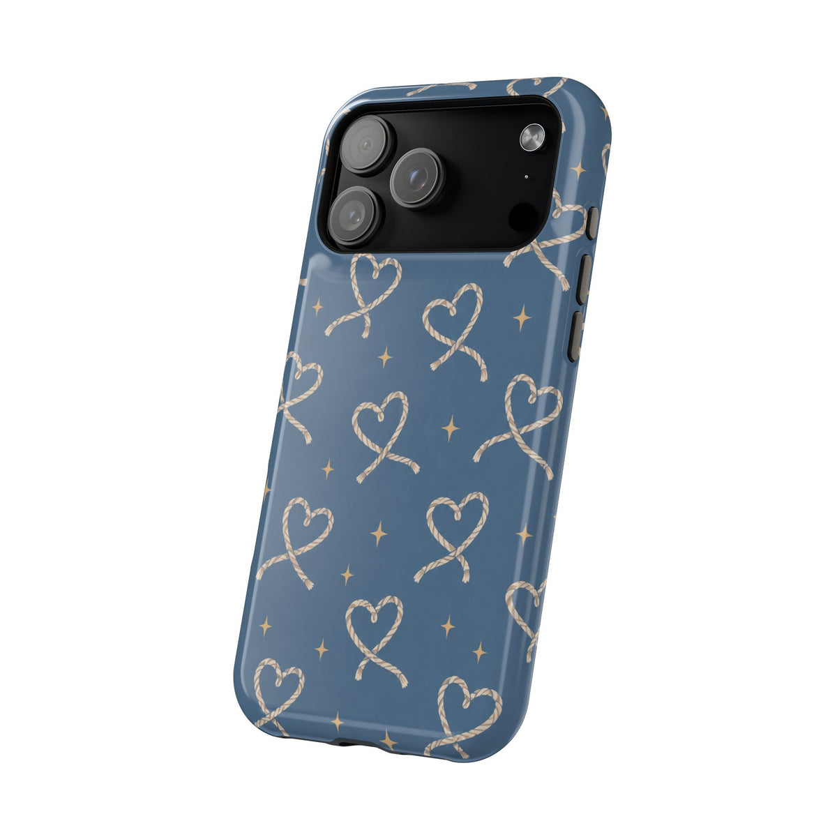 Lasso Hearts – Blue Western Heart MagSafe Phone Case, glossy wide-camera Pro Max model, angled rear view