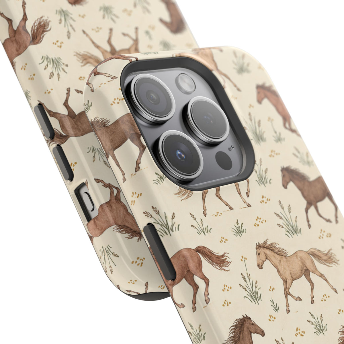 Wild Mustangs – Western Horse Pattern MagSafe Phone Case, glossy square triple-camera Pro model, camera and side-button close-up