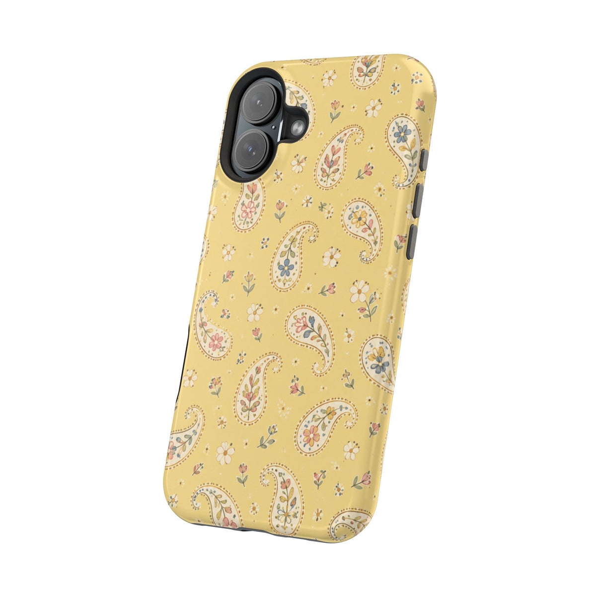 Honey Paisley MagSafe Phone Case, glossy vertical dual-camera model, angled rear view