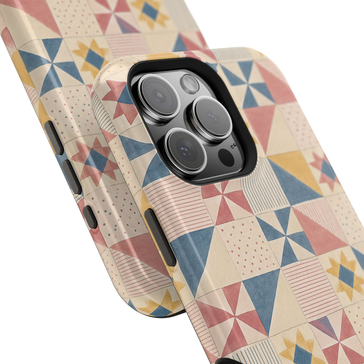 Prairie Quilt – Pastel Patchwork Pattern MagSafe Phone Case, glossy square triple-camera Pro model, camera and side-button close-up