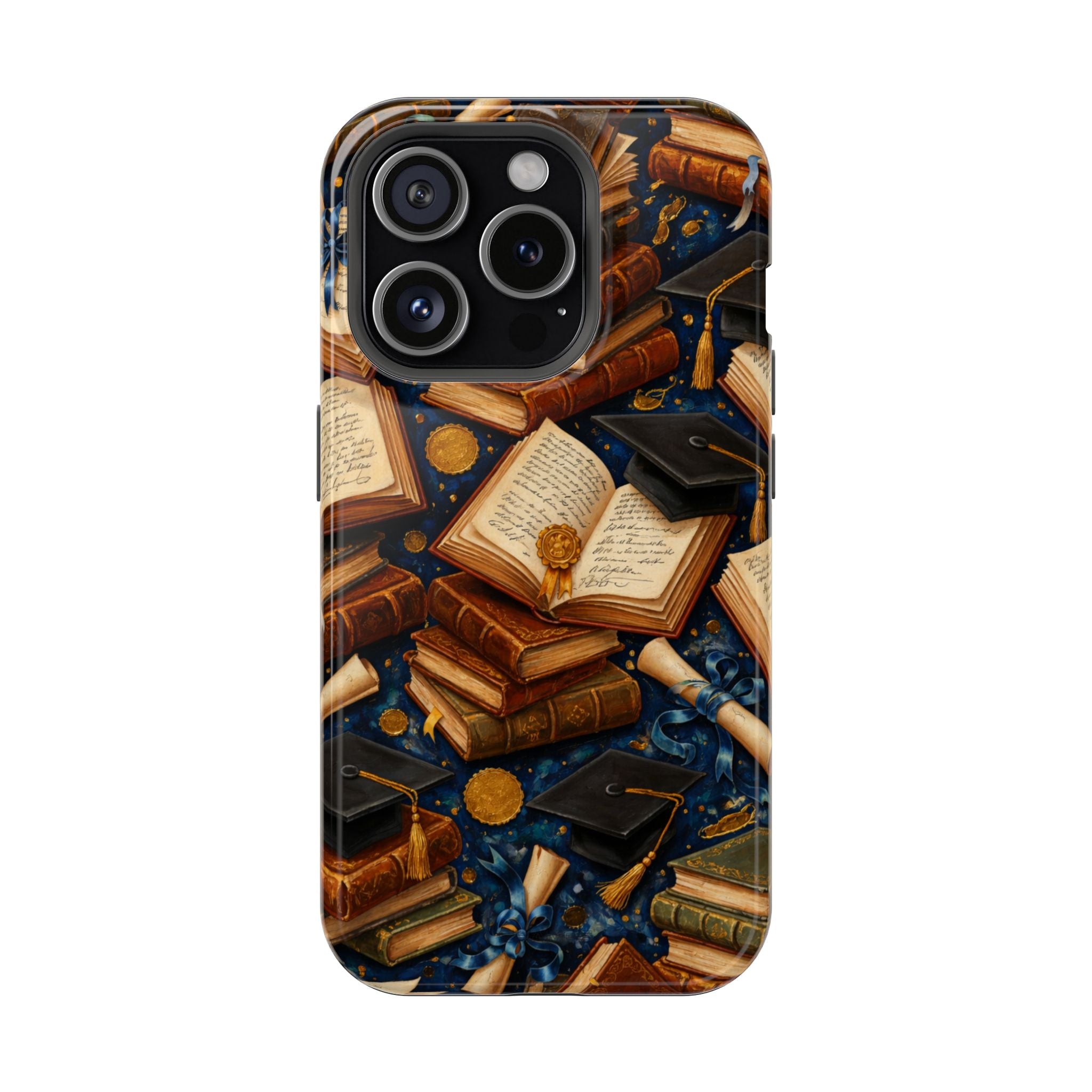 Vintage Books & Graduation Caps MagSafe Phone Case, Impact-Resistant Graduation Gift - iPhone 15 Pro / Glossy - Shamo's