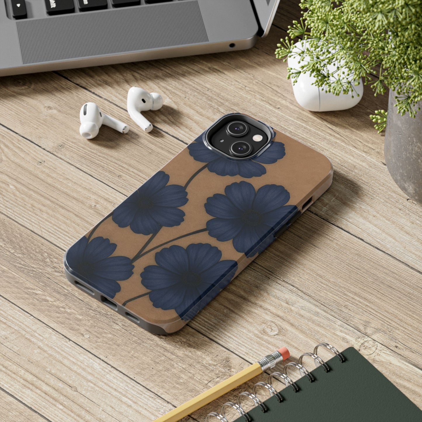 Navy Floral Tough iPhone Case — Durable Protective Case with Blue Flowers on Kraft Background