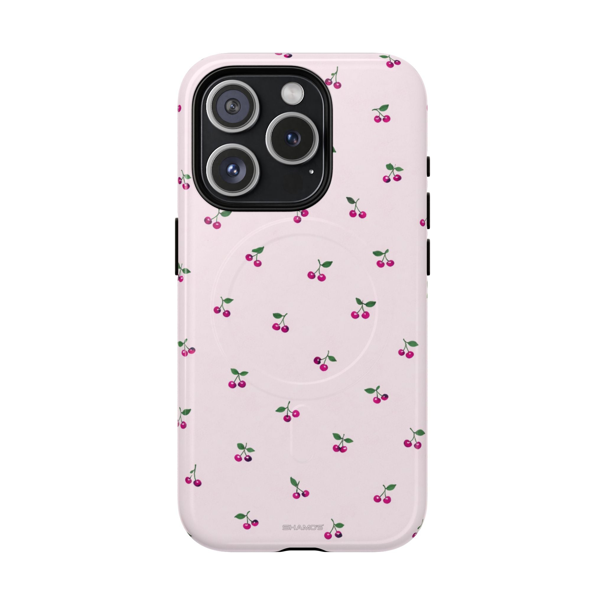 Cherry Pattern Tough Magnetic Phone Case — Pink Protective Magnetic iPhone Cover with MagSafe compatibility - iPhone 15 Pro / Glossy - Shamo's #iphone-15-pro