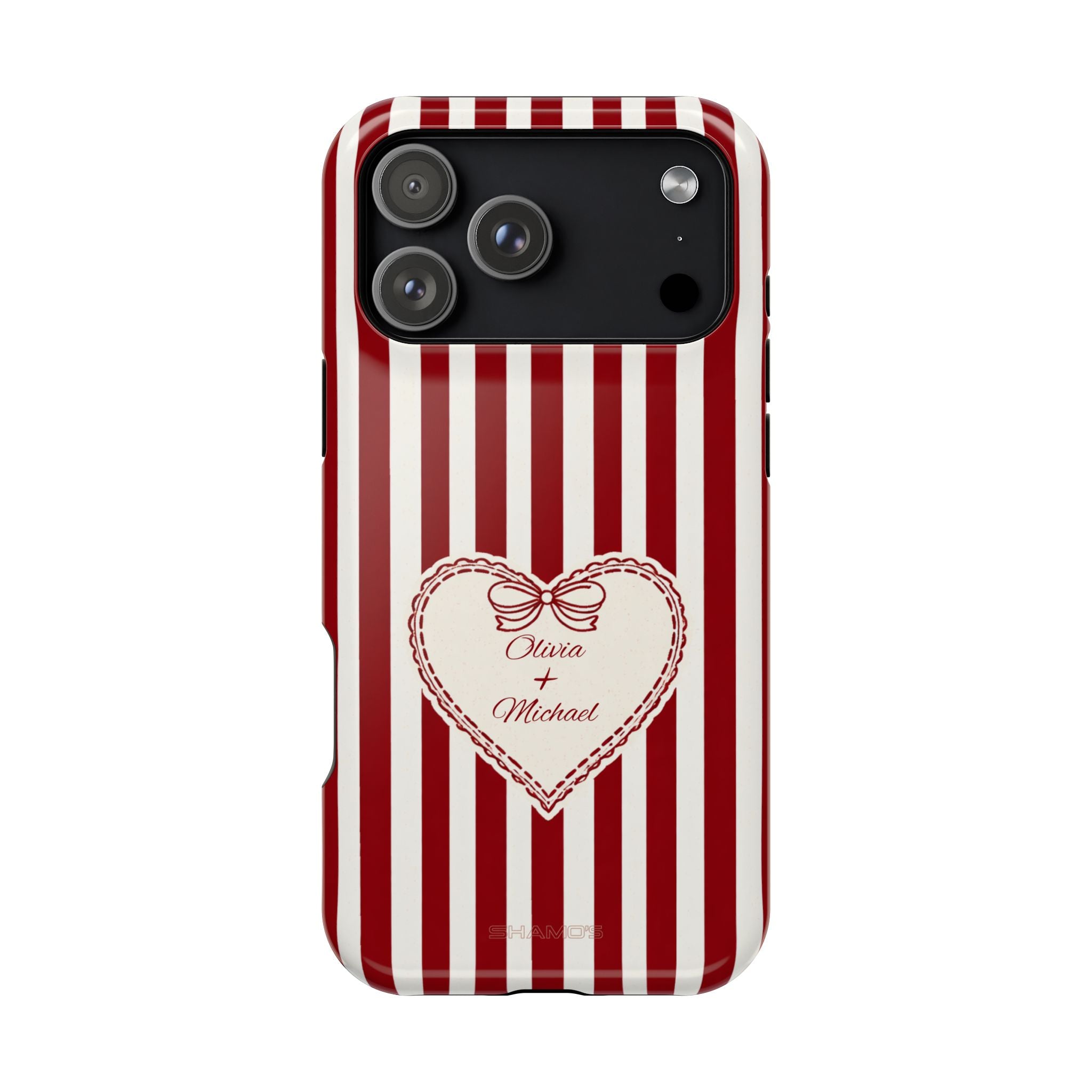 Phone case with red and white vertical stripes and a cream heart with a bow and names