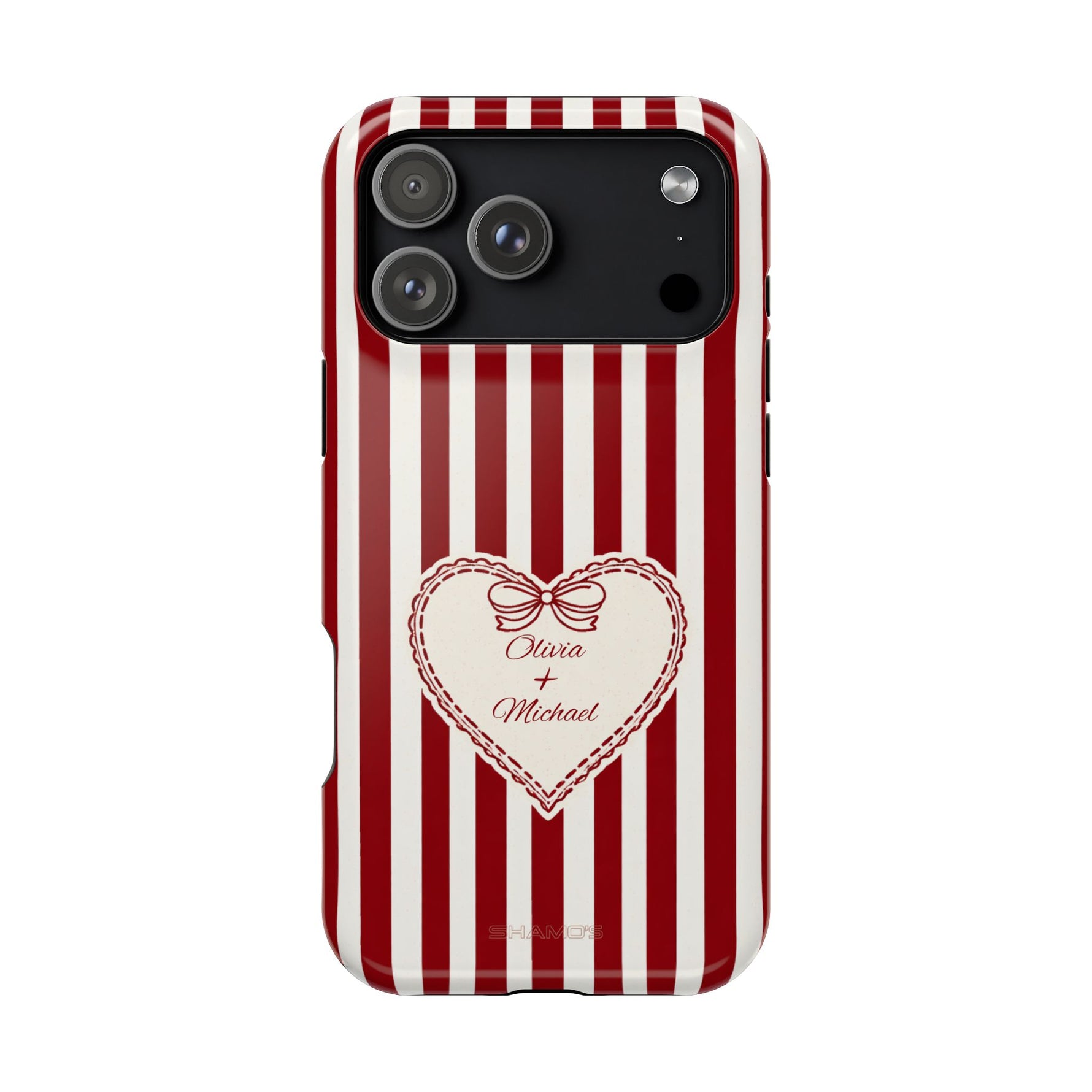Funda personalizada a rayas — Diseño de corazón rojo y blanco (nombres personalizados)
