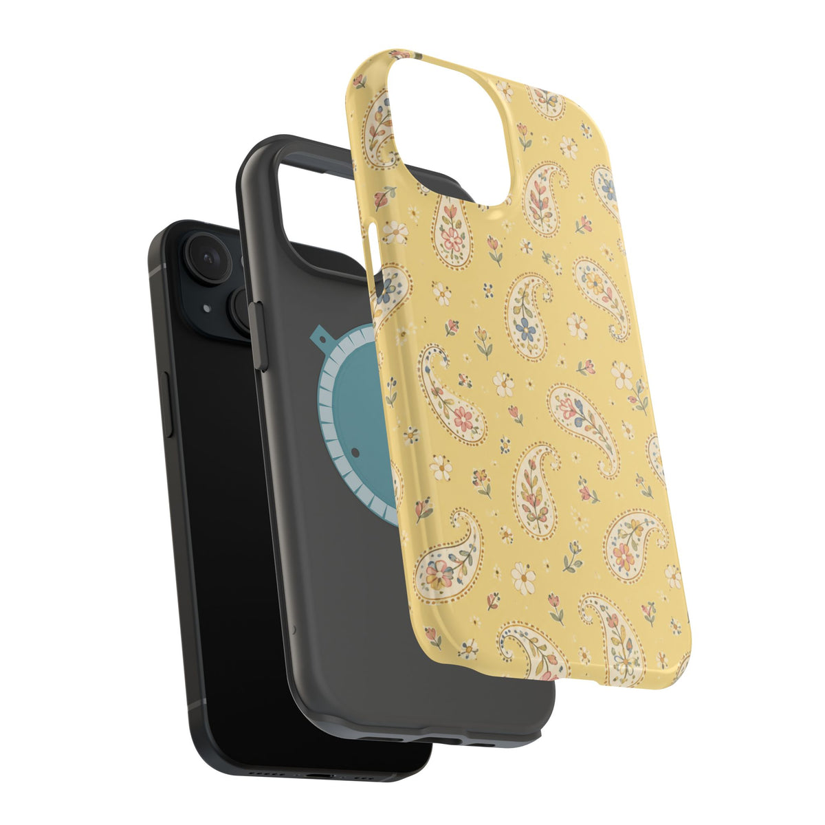 Honey Paisley MagSafe Phone Case, glossy diagonal dual-camera model, exploded shell and liner with magnetic ring