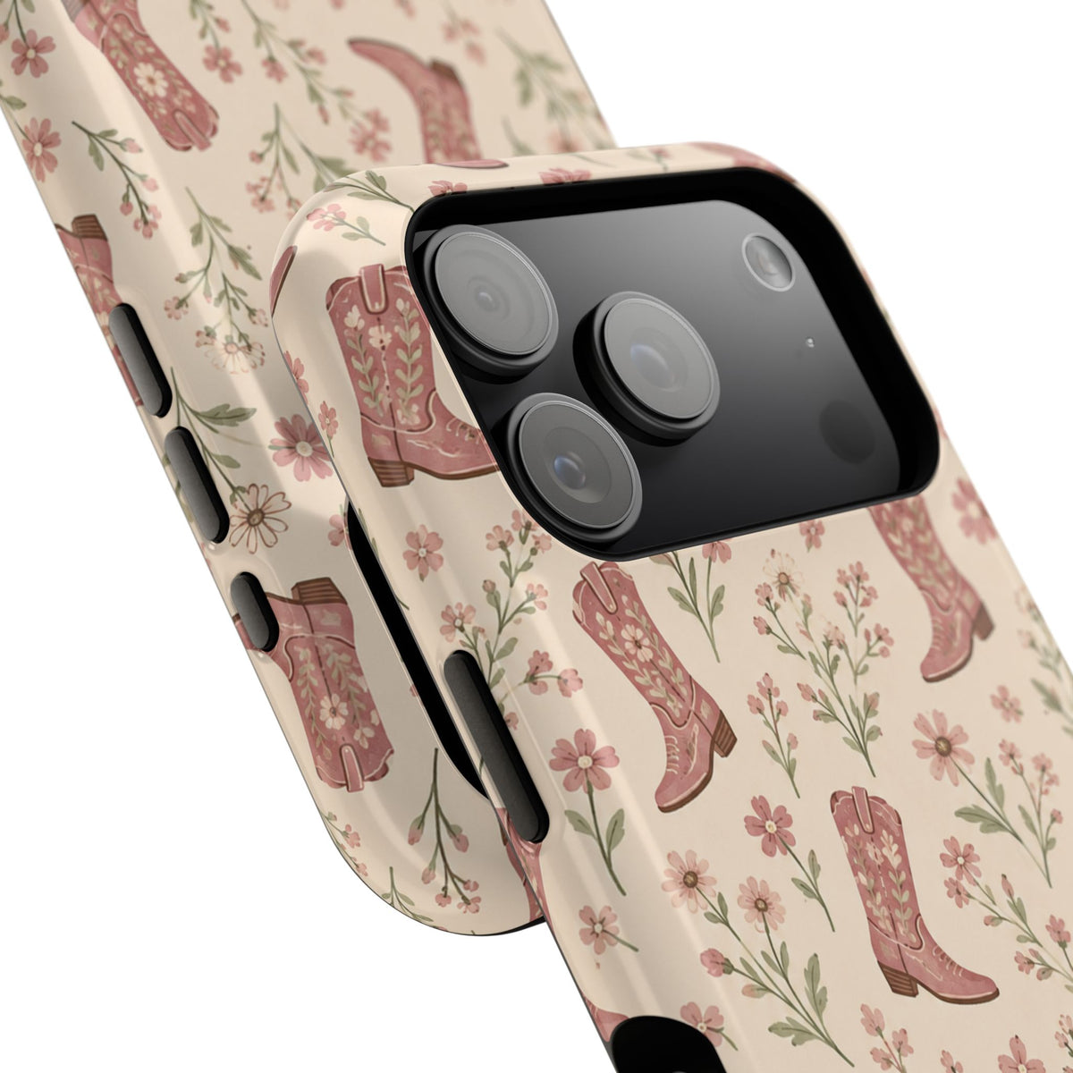 Floral Boots MagSafe Phone Case, glossy wide-camera Pro model, camera and side-button close-up