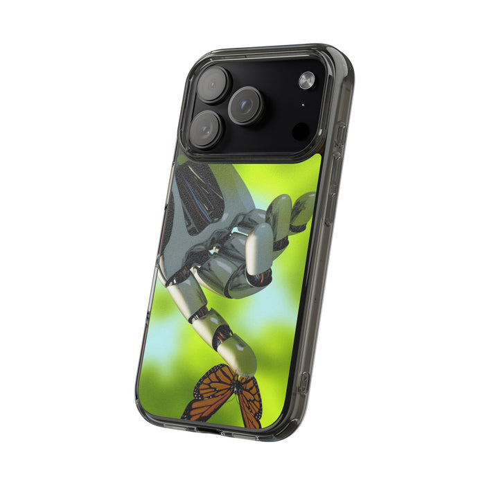 Clear Cases for iPhone 14 Series with Robotic hand and Butterfly.