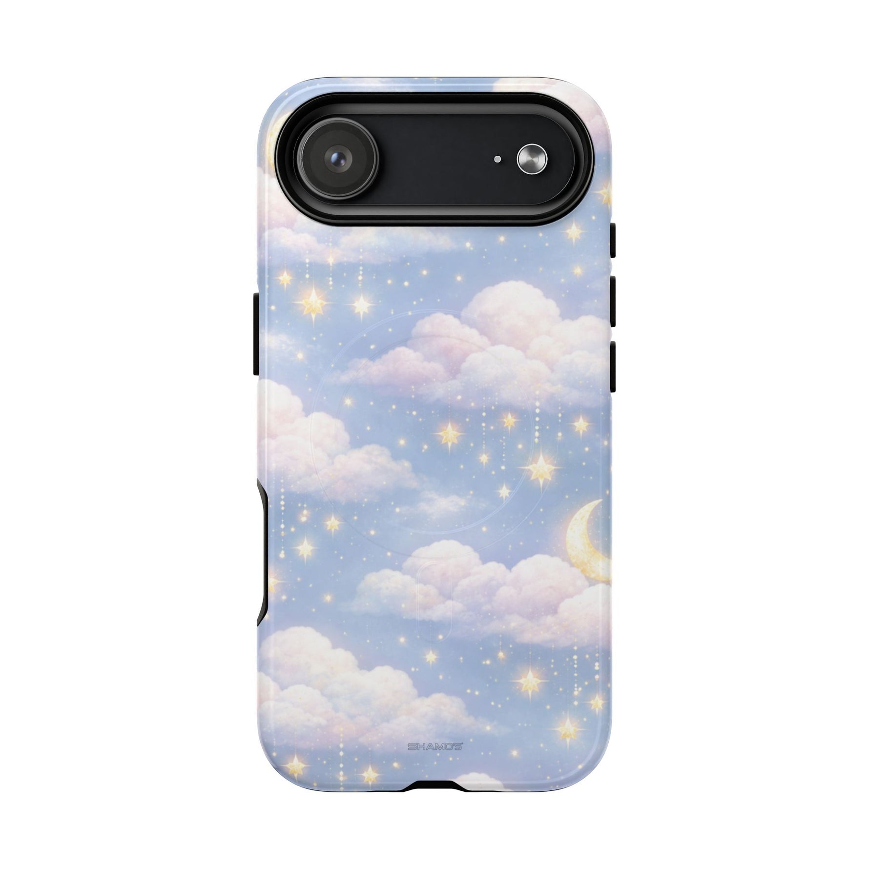 Phone case with variant size featuring pastel clouds, glowing stars, and crescent moon design