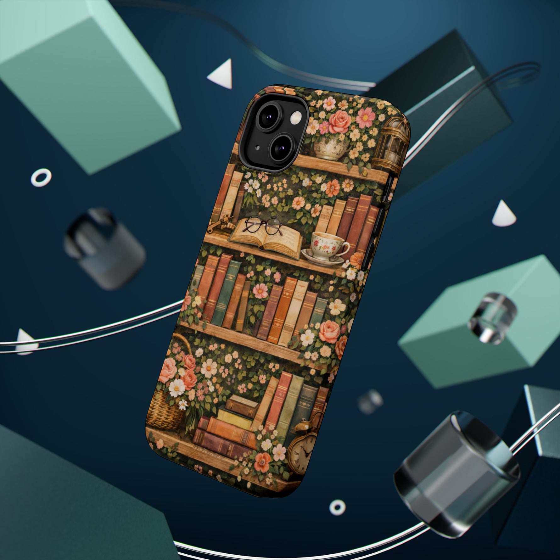 Floral Bookshelf iPhone Case — MagSafe Magnetic, Impact-Resistant