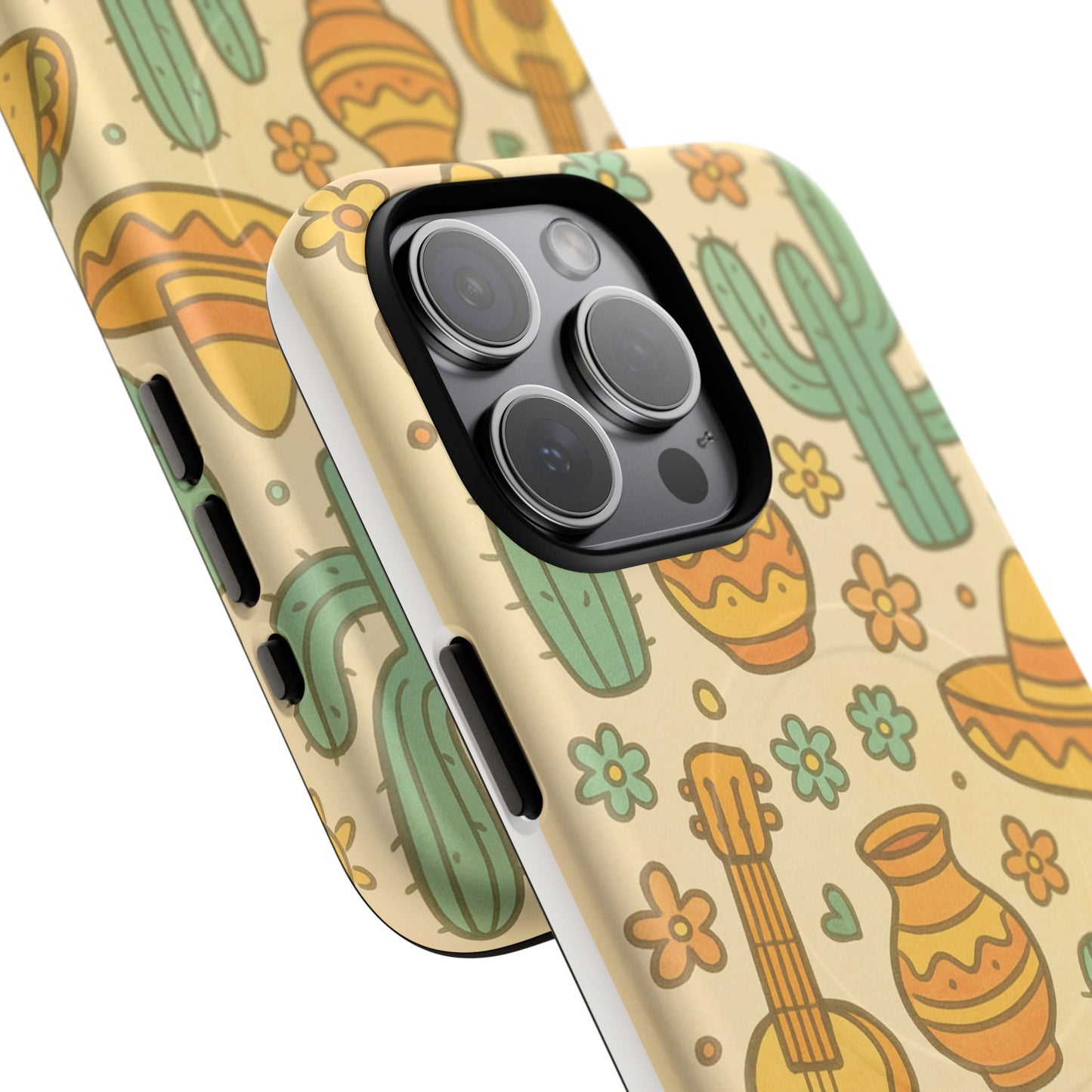 Mexico Hand-Drawn Cactus Pattern iPhone Case – Cute Desert Guitar & Sombrero Design | with MagSafe