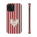 Funda personalizada a rayas — Diseño de corazón rojo y blanco (nombres personalizados)