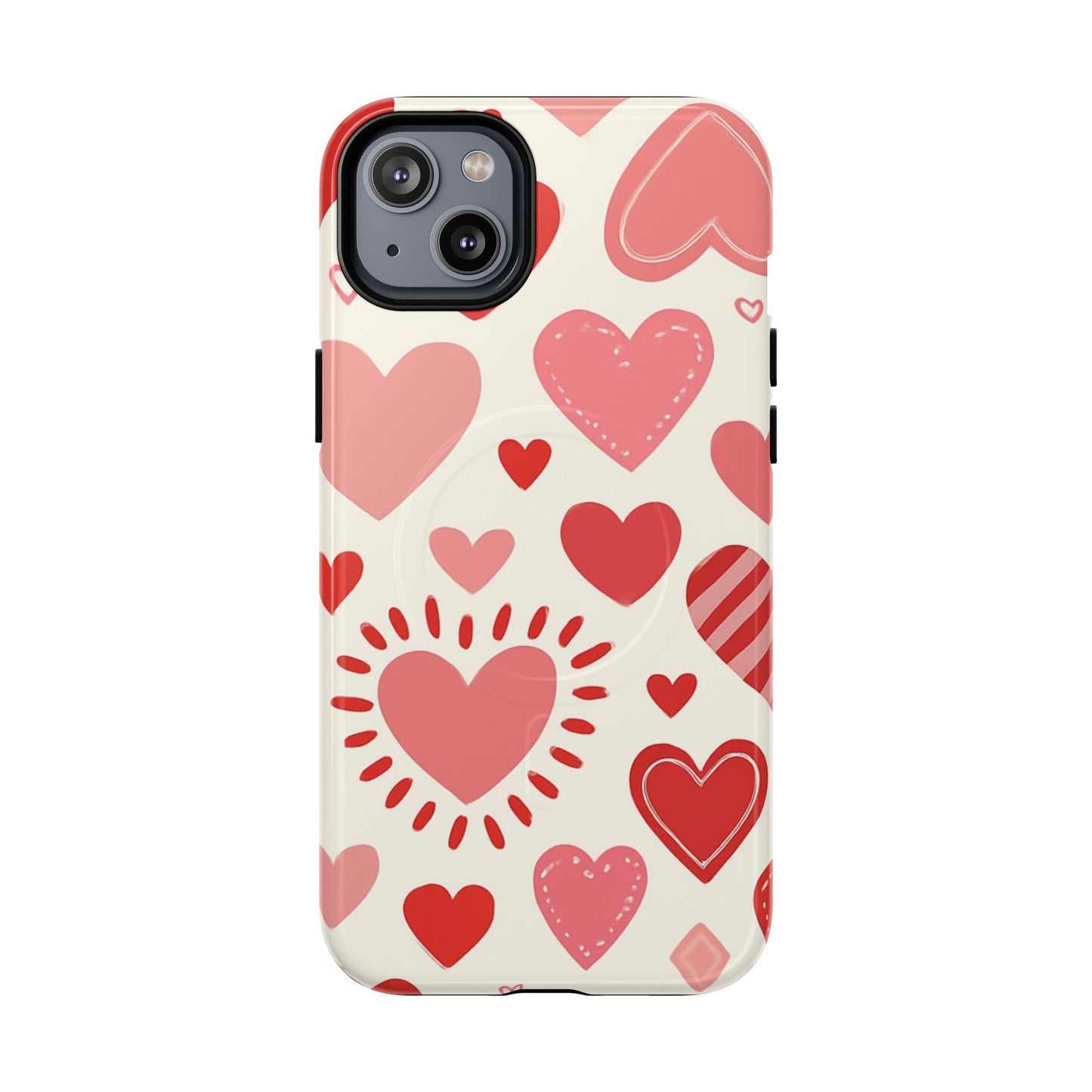 Heart Pattern Tough iPhone Case — Cute Red & Pink Hearts Protective Cover (MagSafe compatible)