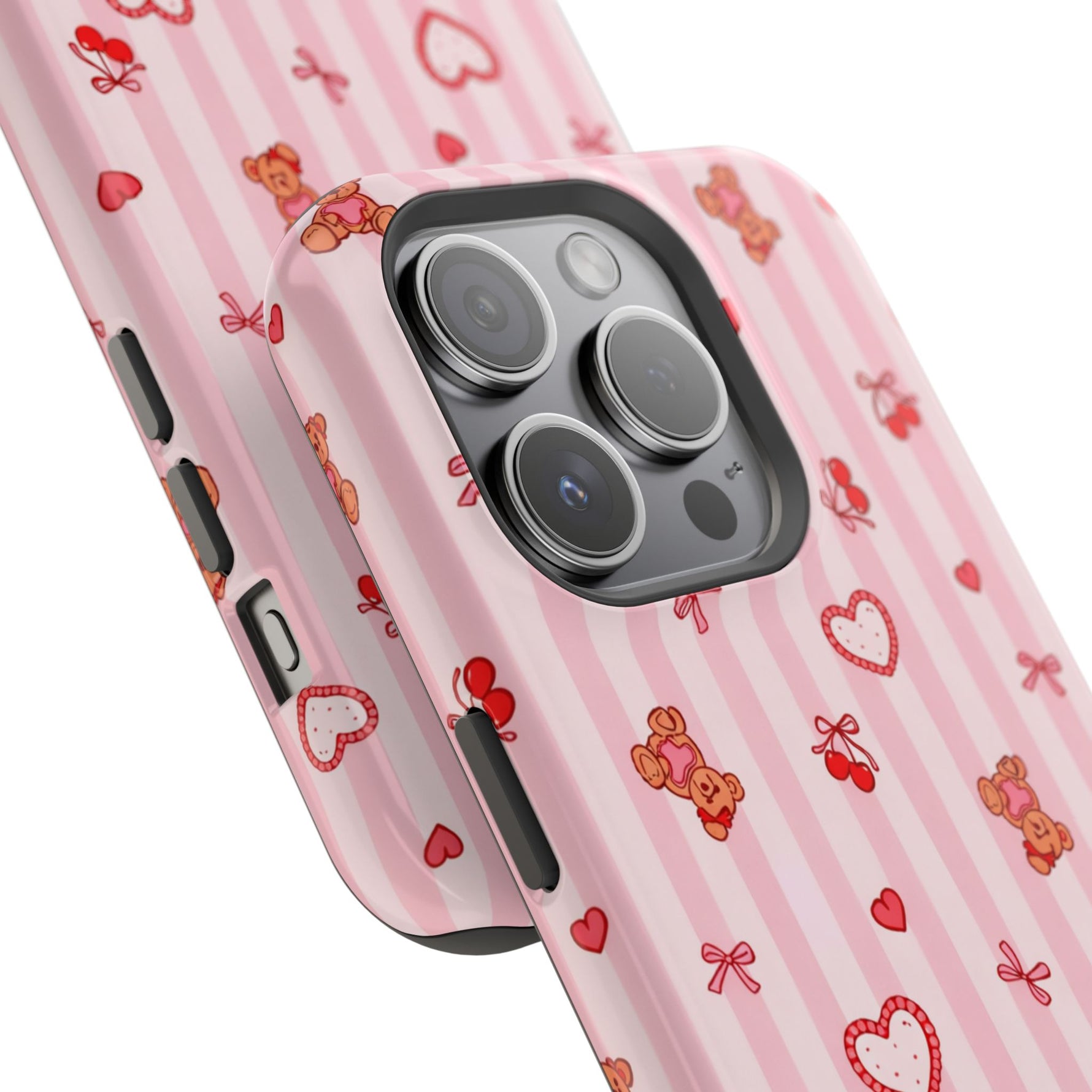 Pink Teddy Hearts Love iPhone Case, Impact-Resistant MagSafe Compatible