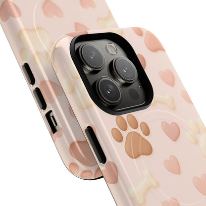 Pet Paw Pattern Phone Case — Pink Puppy Hearts & Bones with MagSafe
