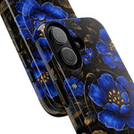 Two phone cases with large and small variant sizes featuring blue floral design on black background