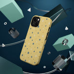 Prairie Stars – Yellow and Blue Star MagSafe Phone Case, glossy diagonal dual-camera model, rear view with magnetic accessories