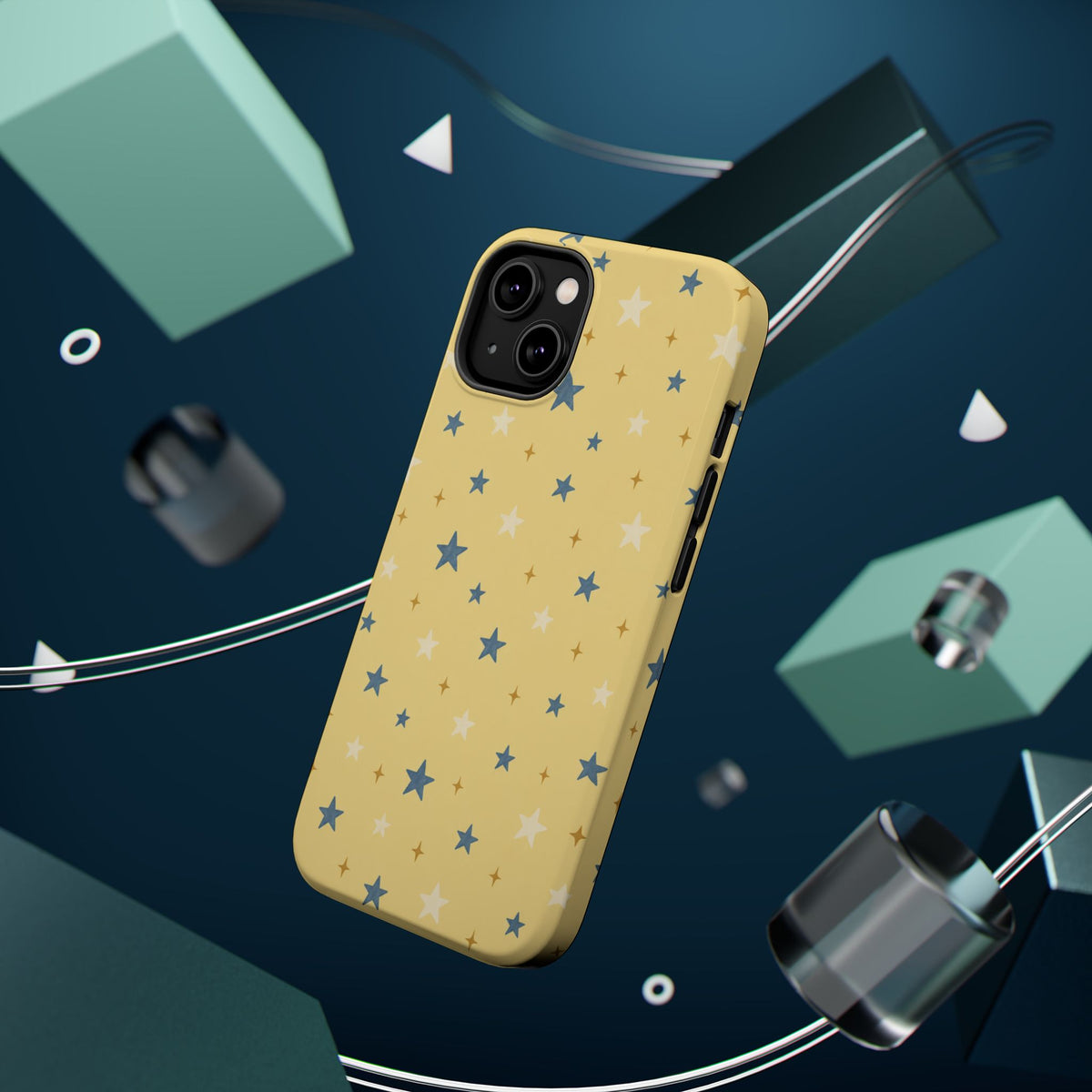 Prairie Stars – Yellow and Blue Star MagSafe Phone Case, glossy diagonal dual-camera model, rear view with magnetic accessories