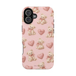 Pink Teddy Hearts Love iPhone Case, Impact-Resistant MagSafe Compatible