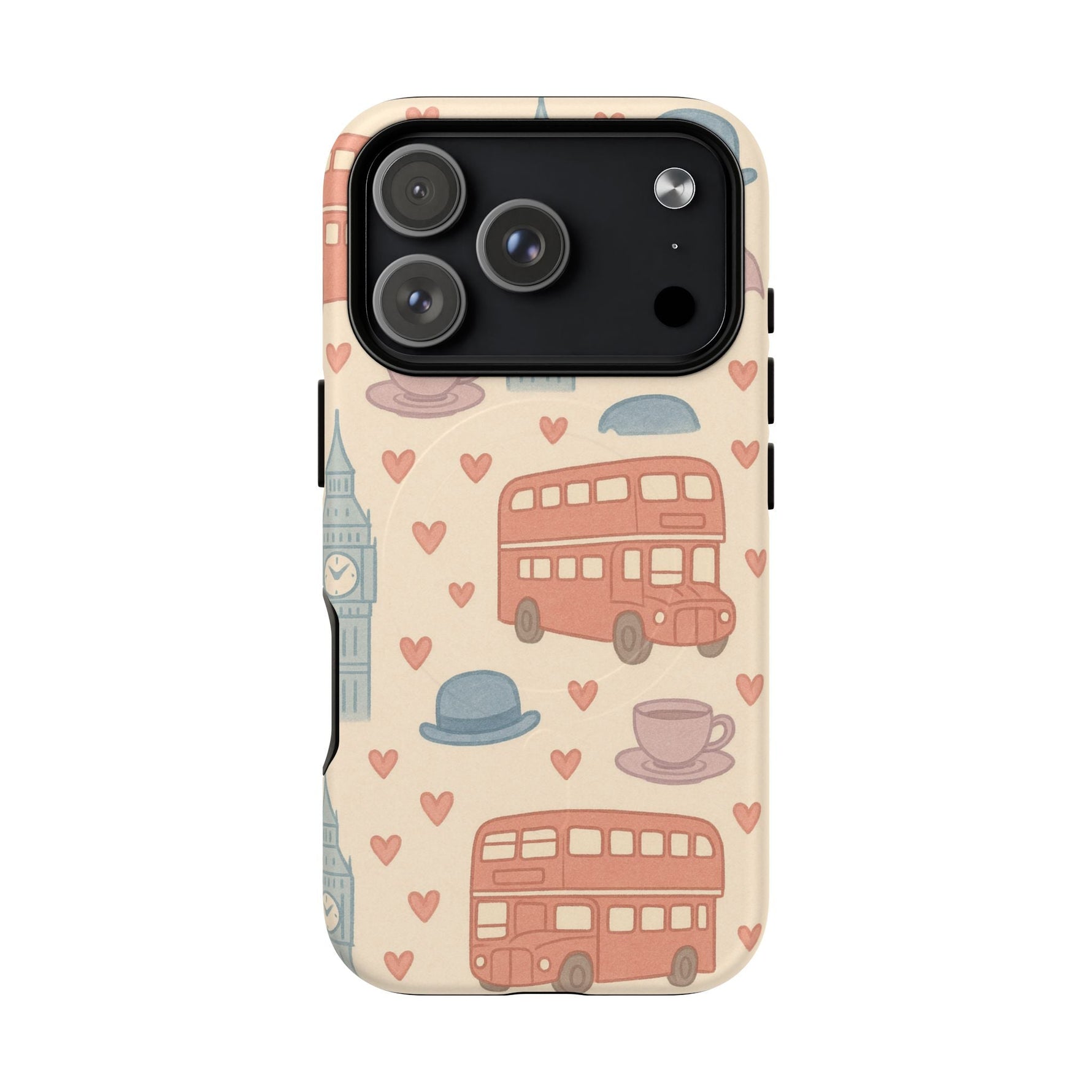 London Icons Hand-Drawn iPhone Case — Cute Double-Decker Bus & Big Ben Pattern with MagSafe compatibility  Shamo's iPhone 17 Pro / Matte