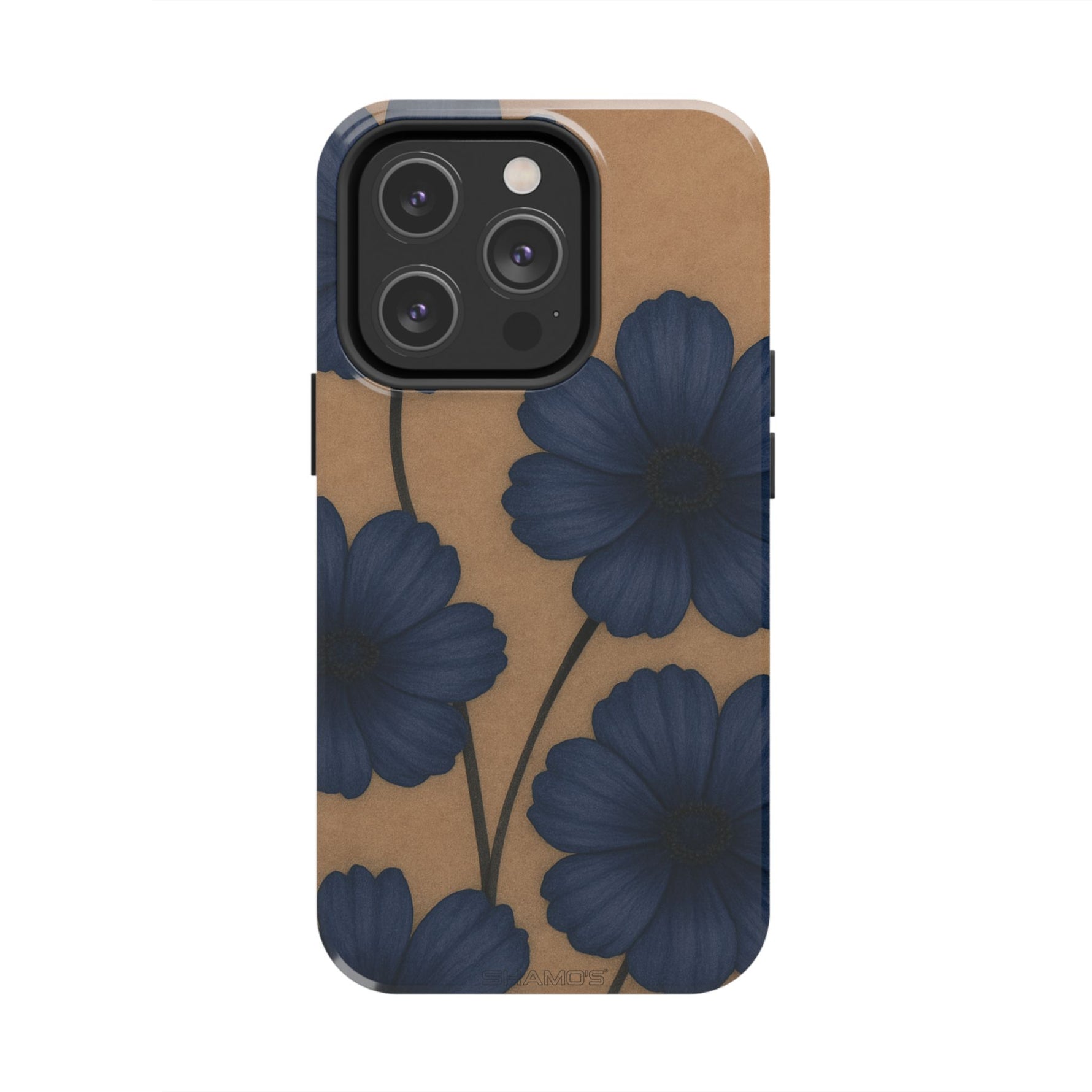 Navy Floral Tough Phone Case — Durable Protective Case with Blue Flowers on Kraft Background