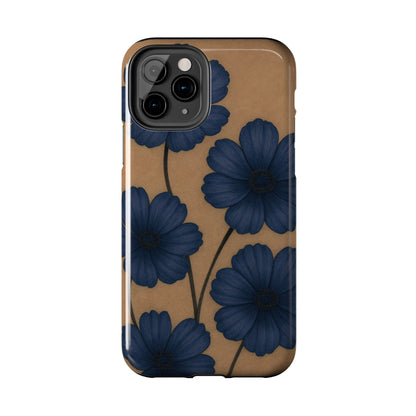 Navy Floral Tough iPhone Case — Durable Protective Case with Blue Flowers on Kraft Background