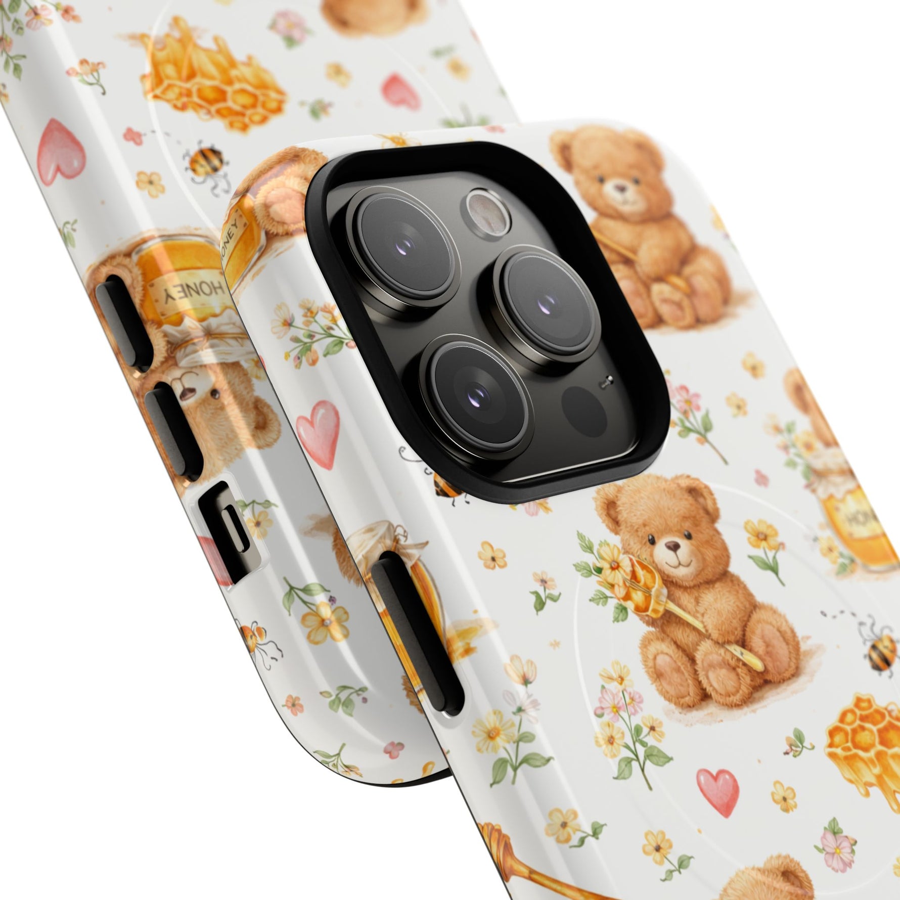 Honey Teddy Bear iPhone Case — Yellow Bee & Honey Pot Design with MagSafe
