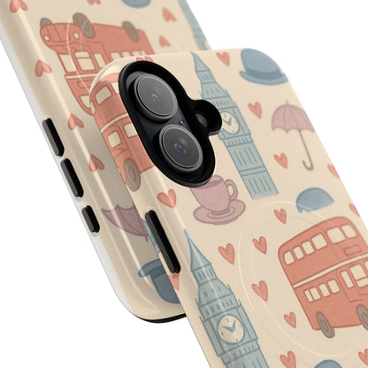 London Icons Hand-Drawn iPhone Case — Cute Double-Decker Bus & Big Ben Pattern with MagSafe compatibility