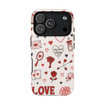 Romantic Love Doodle Tough iPhone Case ("LOVE", hearts, roses) (MagSafe compatible)  Shamo's iPhone 17 Pro / Matte
