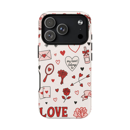 Romantic Love Doodle Tough iPhone Case ("LOVE", hearts, roses) (MagSafe compatible)