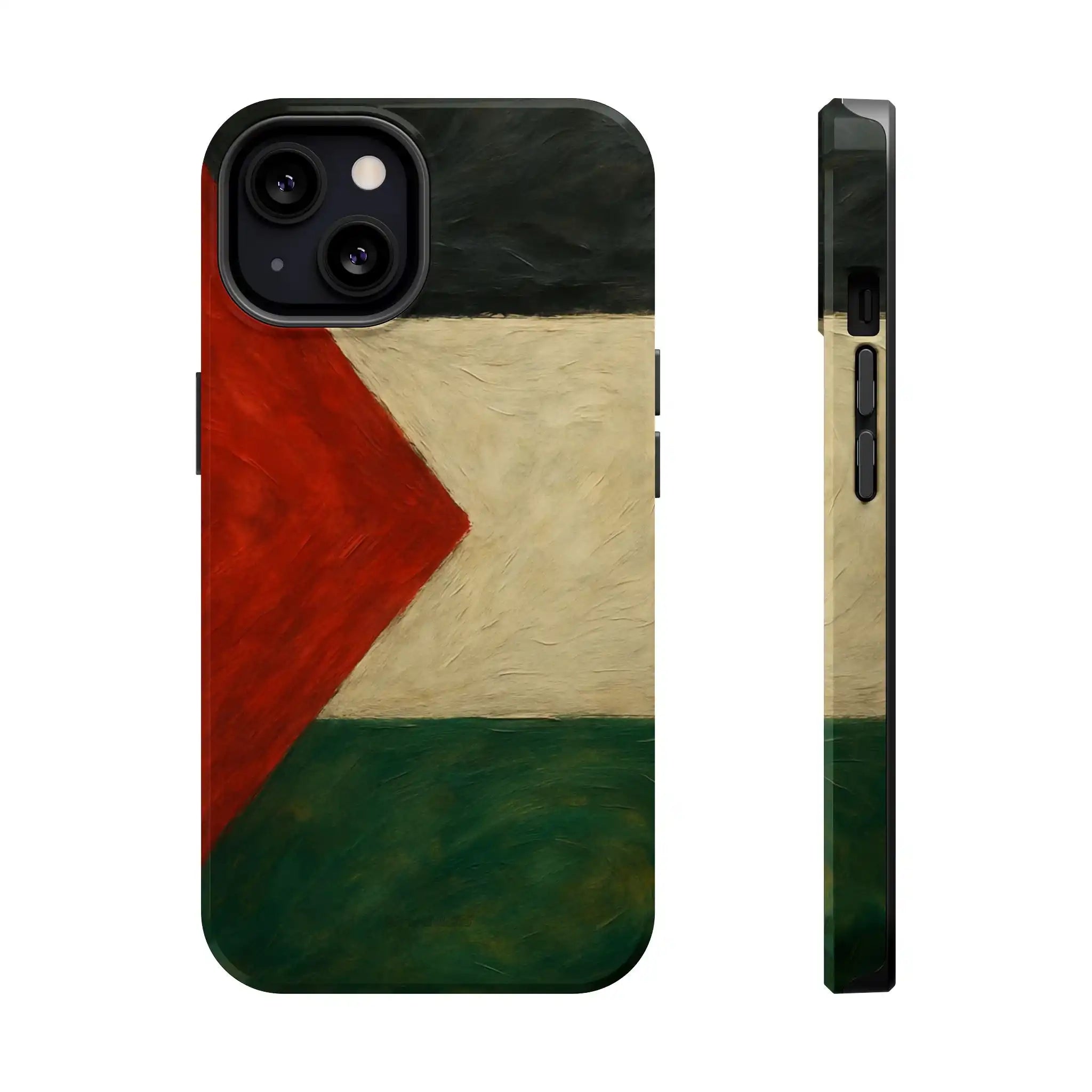 iPhone case showing front and side views with textured Palestinian flag design in red, white, black, and green