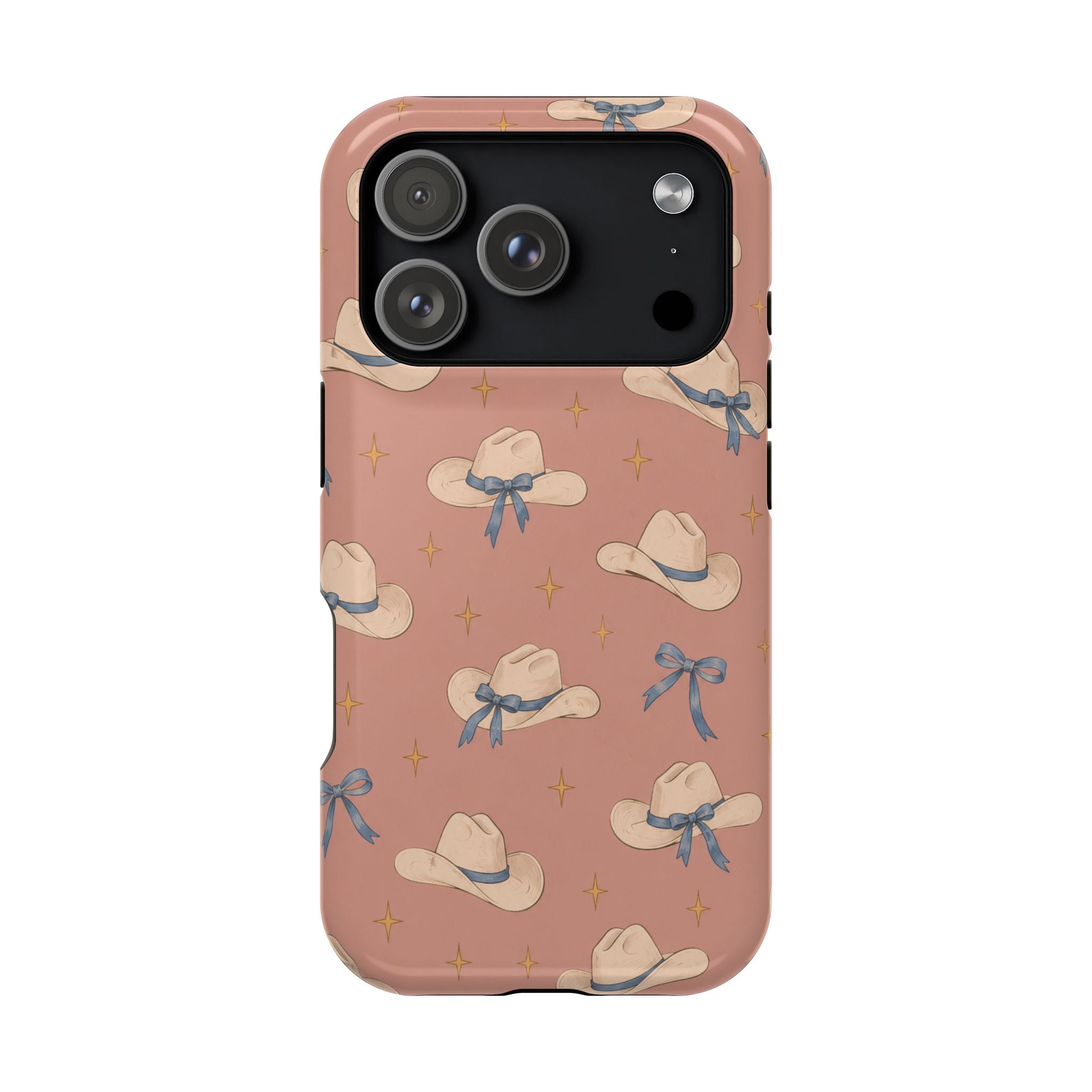 Ribbon Rodeo – Cowgirl Hat and Bow MagSafe Phone Case, Pink, glossy iPhone 17 Pro, rear view