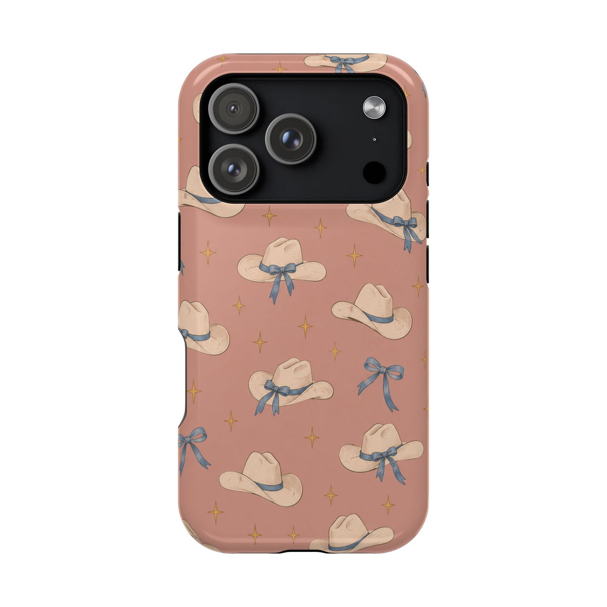 Ribbon Rodeo – Cowgirl Hat and Bow MagSafe Phone Case, Pink, glossy iPhone 17 Pro, rear view