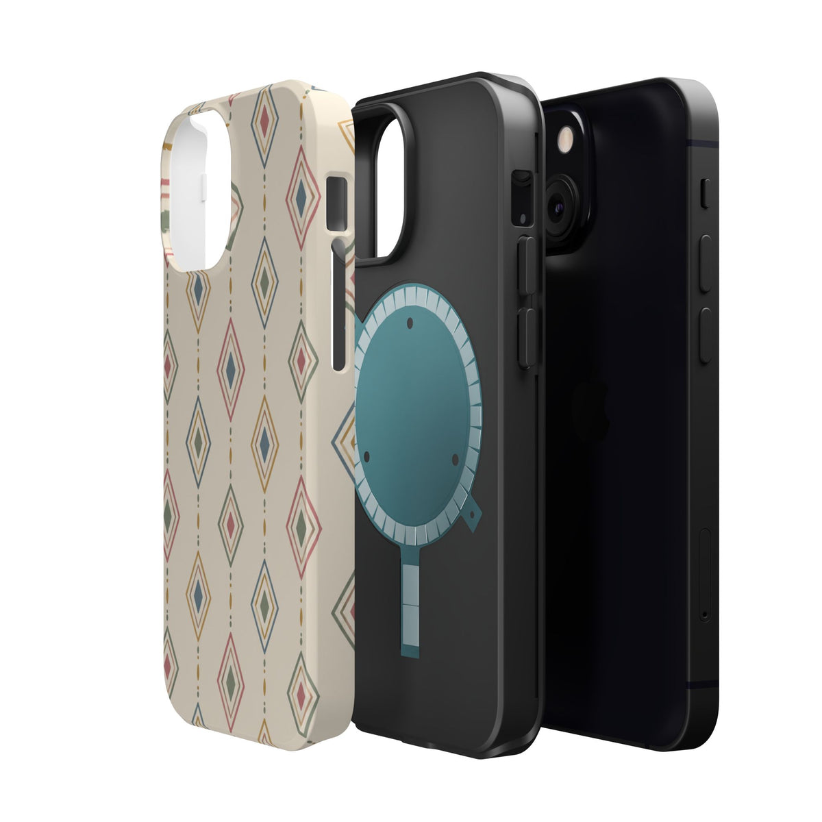 Desert Diamonds – Pastel Geometric Pattern MagSafe Phone Case, glossy diagonal dual-camera model, exploded shell and liner with magnetic ring