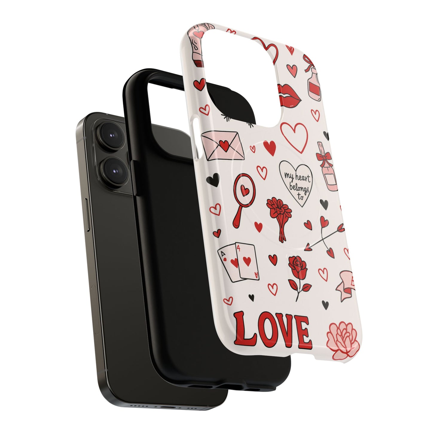 Romantic Love Doodle Tough iPhone Case ("LOVE", hearts, roses) (MagSafe compatible)