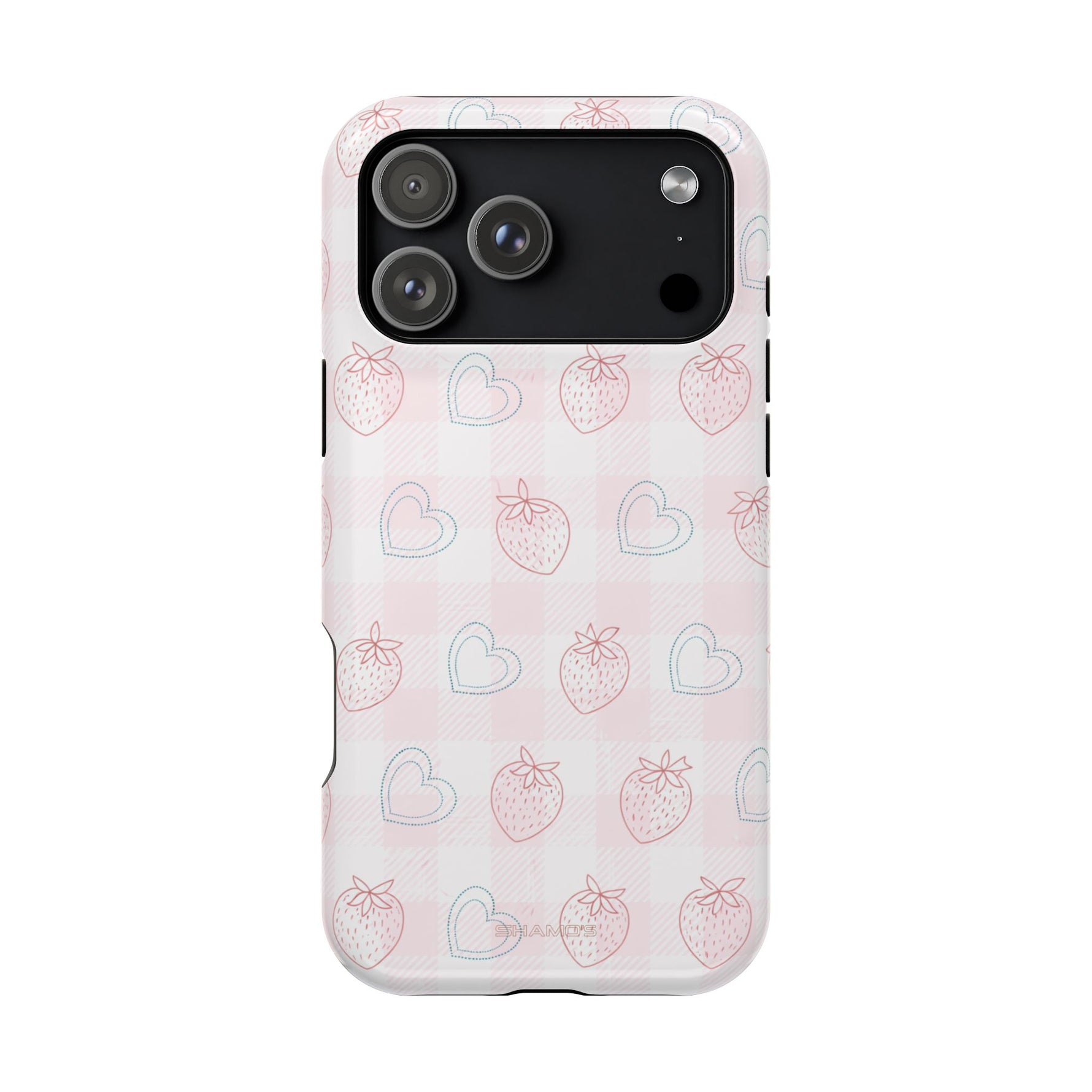 Strawberry Hearts MagSafe Compatible Phone Case | 'Paint it your way' Pink Plaid Impact-Resistant