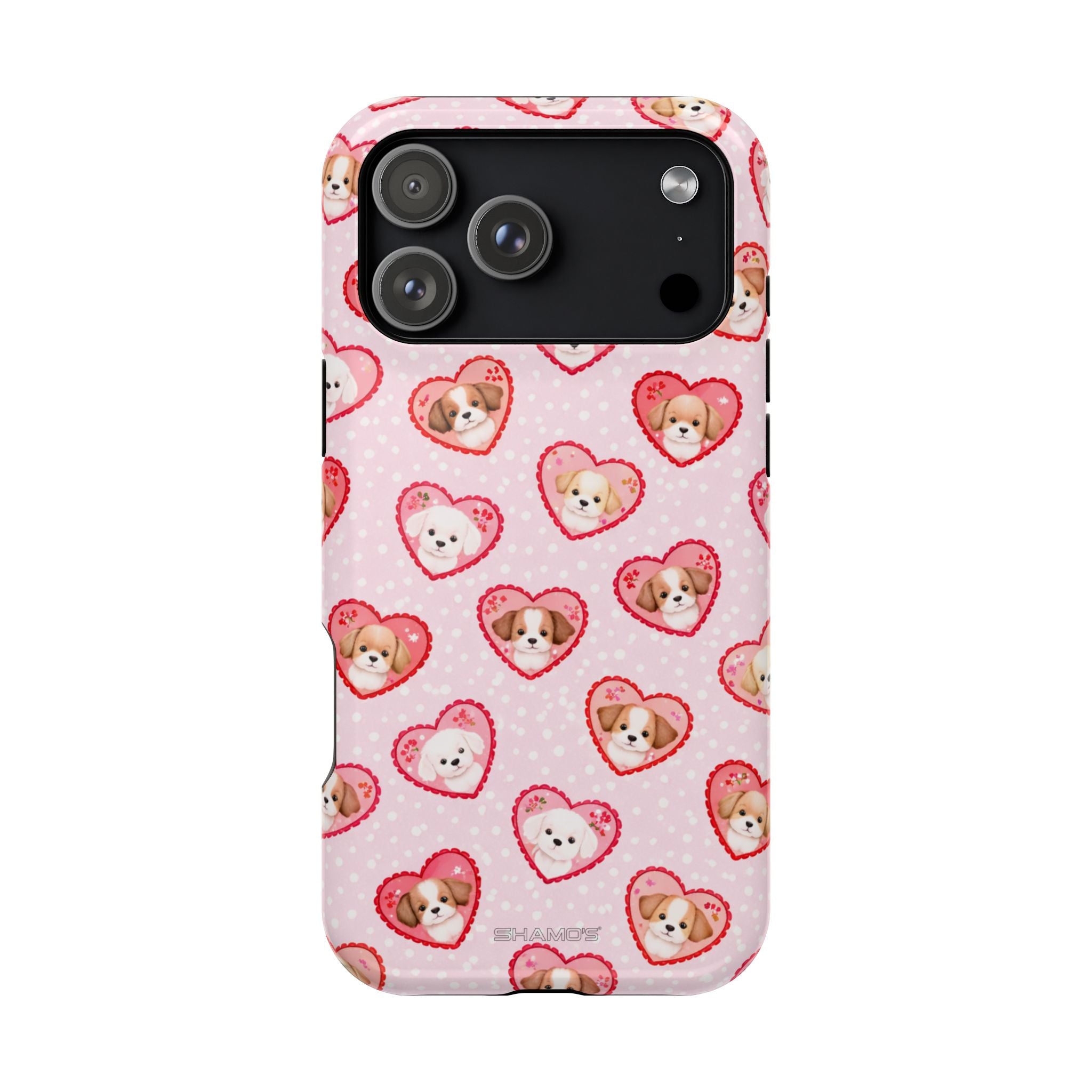 Pink Puppy Heart Pattern MagSafe Impact-Resistant iPhone Case, Valentine Phone Cover