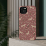 Rose Ponies MagSafe Phone Case, glossy diagonal dual-camera model, rear view on a tabletop
