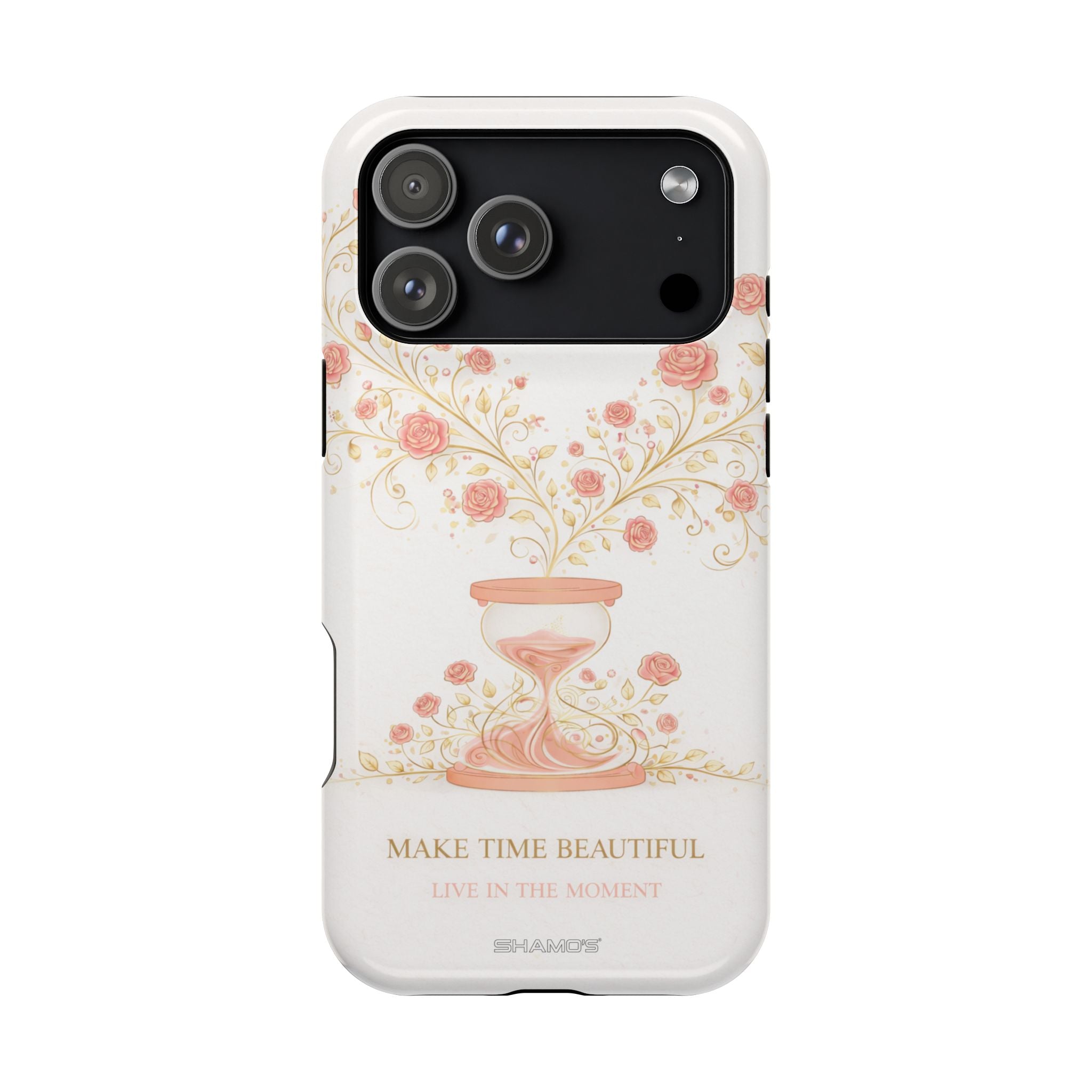 Magnetic iPhone Case, "Make Time Beautiful" Floral Hourglass Protective Cover - iPhone 17 Pro Max / Glossy - Shamo's