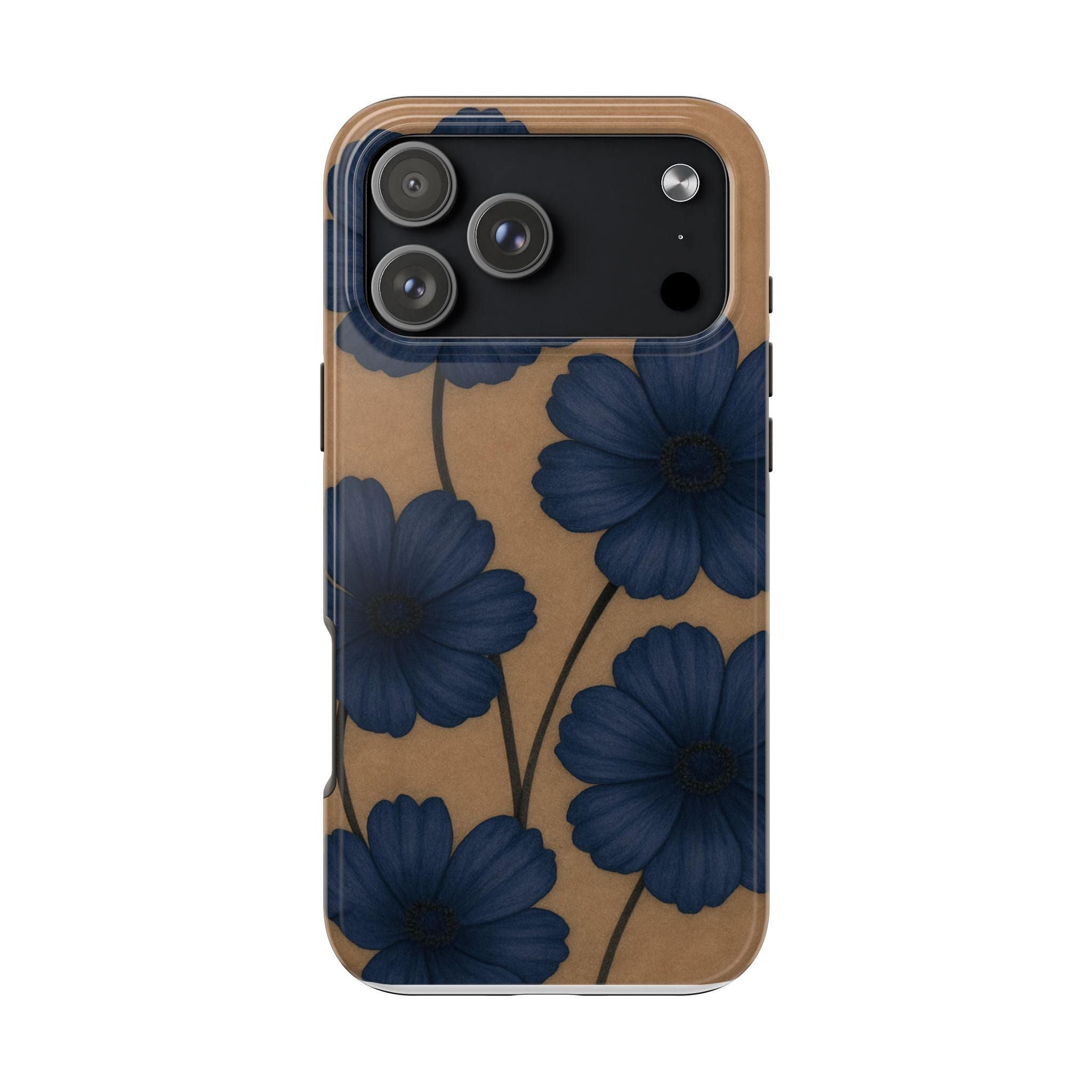 Navy Floral Tough Phone Case — Durable Protective Case with Blue Flowers on Kraft Background  Shamo's iPhone 17 Pro Max